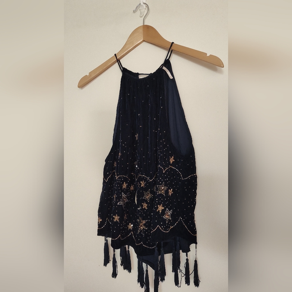 Free People Midnight Blue Sky Celestial top with Subtle Embellishments XS